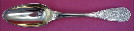 Dinner Spoon vermeil w/ fruit Dresden crossed swords & D mark w/ #12 possibly M = 1841 made in second half of 18th Century, applied 3D face on back of bowl 750 silver hand chased design 8